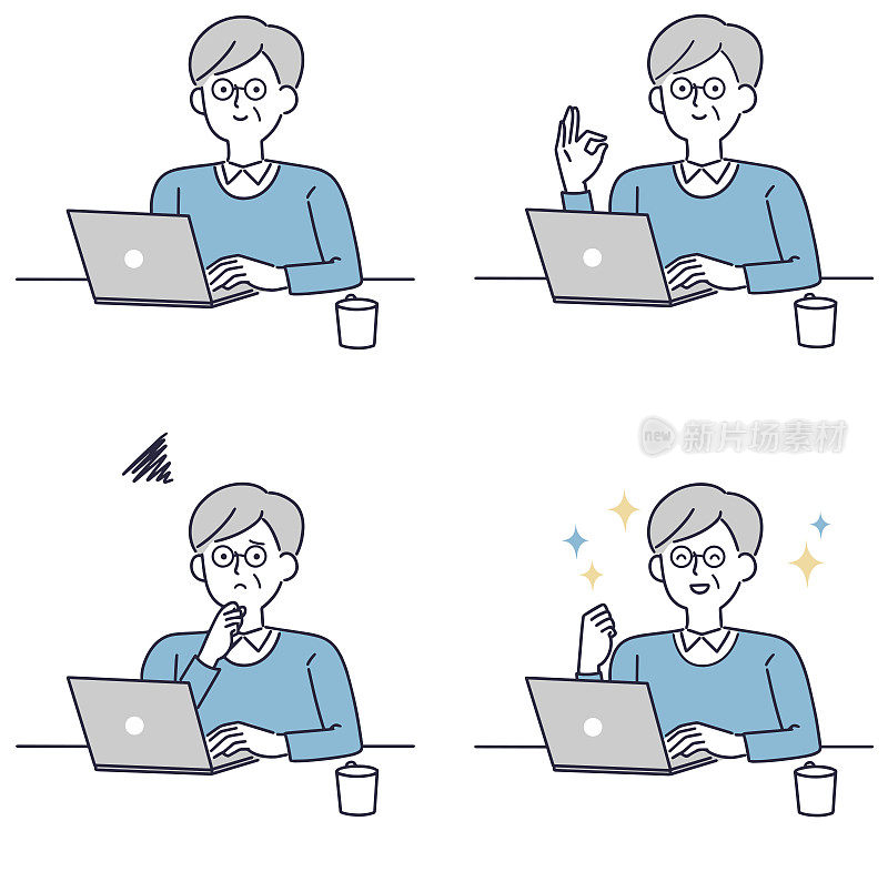 Simple illustration of a senior man operating a personal computer